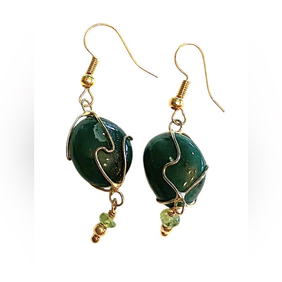 Green Stone Dangle Earrings Gold - Picture 1 of 2